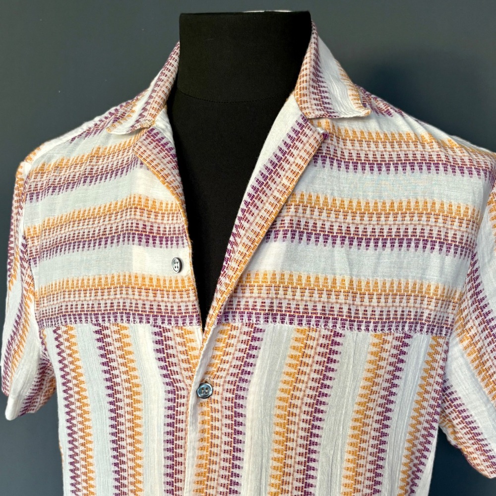 Mr Turk Geometric Stripe Camp Shirt Purple Orange Cotton USA | Sz XS